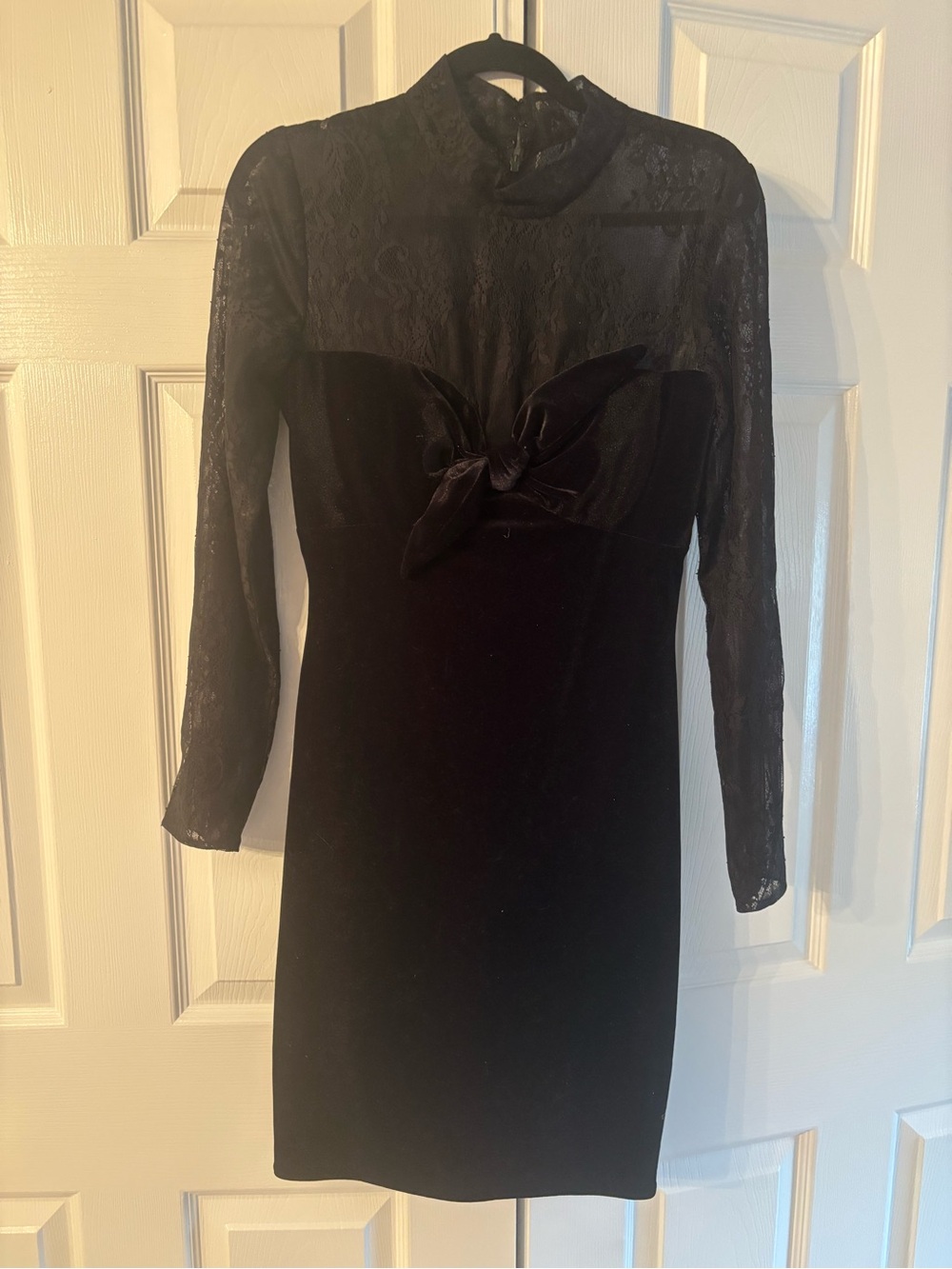 Jovani Black Lace-Yoke Velvet Bow Long-Sleeve Mini Dress